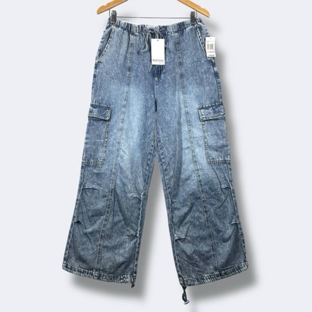 Kensie jeans parachute pants light blue denim cargo pockets drawstring ankle